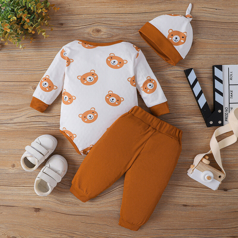 Trīsdaļīgs apdrukāts zīdaiņu un mazuļu apģērbu komplekts un jaundzimušā bikses