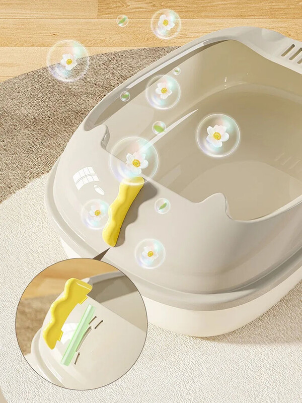 Kačių kraiko dėžutė papildomai, pusiau uždara dinozaurinė, didelio dydžio nuimama plaunama apsauga nuo purslų. Patogus sprendimas didelėms katėms