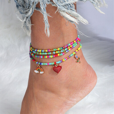 Bohemian Handmade Beads Anklet Love Heart Flower Rainbow Pendants Anklet βραχιόλι για γυναίκες κορίτσια Γιορτινά κοσμήματα δώρα
