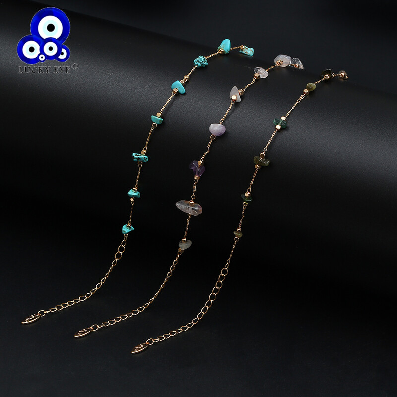 Náramok na členok z prírodného kameňa Lucky Eye v zlatej farbe s retiazkou na nohu a chodidlo, nastaviteľný pre ženy a dievčatá, módne šperky BD92