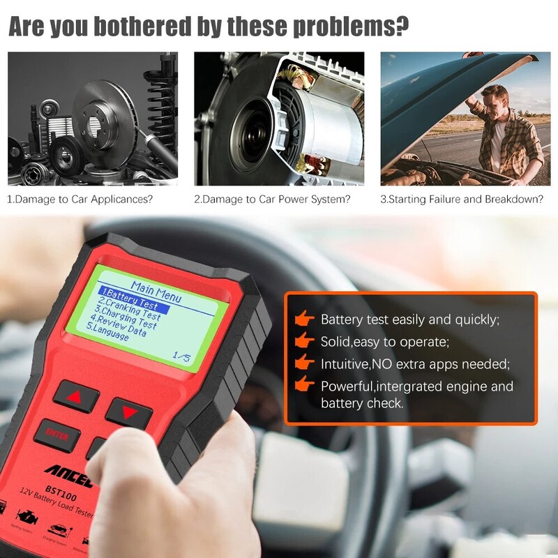 ANCEL BST100 automobilio akumuliatoriaus testeris 12V akumuliatoriaus analizatorius daugiakalbis pasukimo įkrovimo grandinės testas, automatinės diagnostikos įrankiai PK BM550