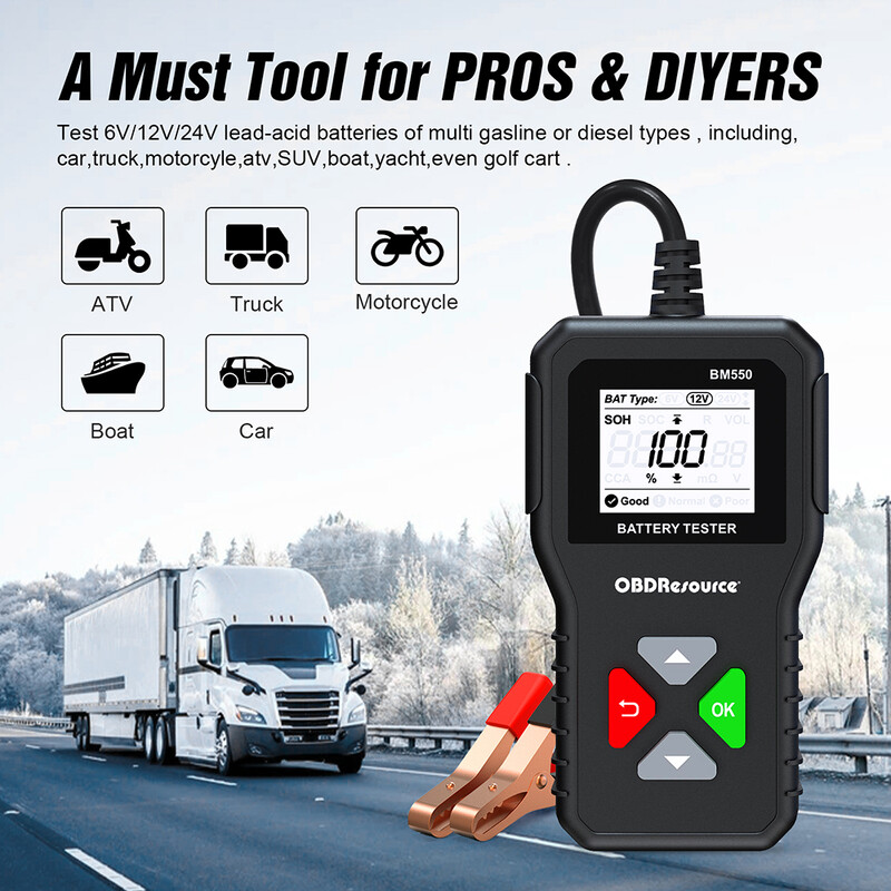 BM550 automobilio akumuliatoriaus testeris 6V 12V 24V akumuliatoriaus sistemos testas 100-2000 CCA automobilio akumuliatoriaus analizatorius automobilio akumuliatoriaus įrankis SOC SOH