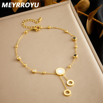 MEYRROYU 316L кръгла скала от неръждаема стомана GoldColour Анкети за глезени Модни луксозни циркони Footsie Chain Водоустойчиви бижута Подарък