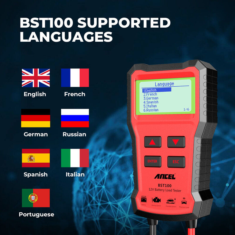 ANCEL BST100 12V akumulatoru testeris Automašīnas akumulatoru analizatora pagriešanas lādēšanas ķēdes tests 220Ah 2000CCA daudzvalodu akumulatora pārbaudes rīks