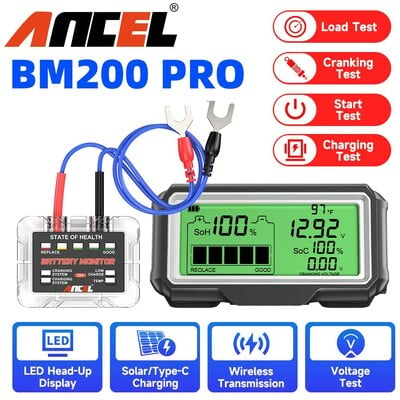 ANCEL BM200PRO 12V automobilio akumuliatoriaus talpos testeris monitoriaus LED ekranas vandeniui atsparus SOH SOC akumuliatoriaus analizatorius Comprobador Baterias Coch