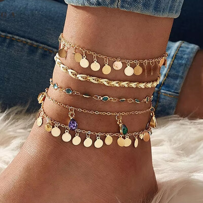 5 vnt./komplektas Bohemia vintage grandinėlės kulkšnis moterims aukso spalvos moteriškų kulkšnių apyrankių rinkinys paplūdimio papuošalų priedai