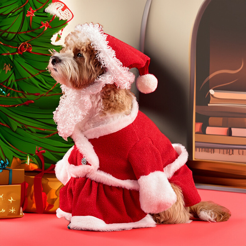 Šuns kalėdinė suknelė Kostiumas Naminis Kalėdų Senelis Drabužiai Aksominės suknelės ir Kalėdų Senelio kepurė Helovino vakarėliams ir Kalėdų šventėms