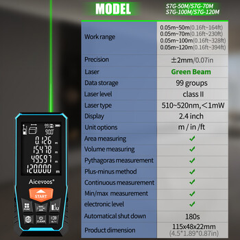 Aicevoos Цифров лазерен далекомер със зелен лъч 50M70M100M120M Лазерен дистанционен измервател със зелена светлина Trena Лазерна ролетка Рулетка