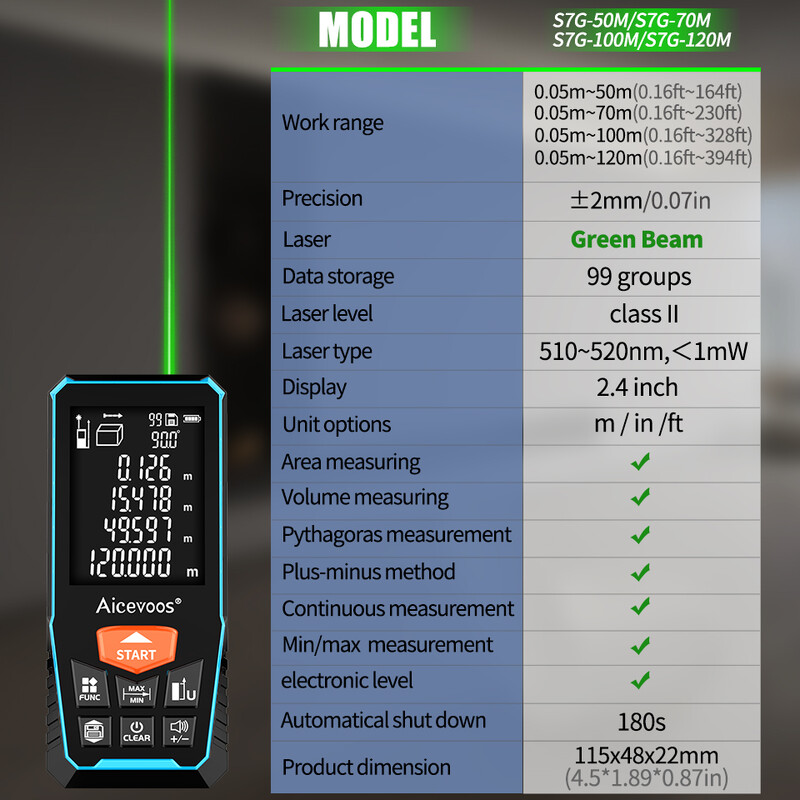 Aicevoos Green Beam skaitmeninis lazerinis nuotolio ieškiklis 50M70M100M120M žalios šviesos lazerinis atstumo matuoklis Trena lazerinės juostos ruletė