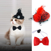 Kisállat fejfedő szett Noblewoman Feather Hat masnis gallér Puha, gyönyörű, játékos és aranyos, alkalmas fotófesztivál összejövetelére