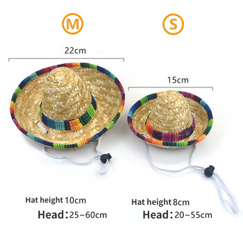Плетена сламена шапка за домашни любимци с мексиканска шапка в западен стил Регулируема сянка за пролет лято Цветен кант за фотографски събирания