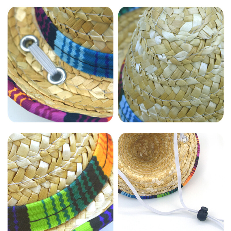 Pleteni slamnati šešir za kućne ljubimce s meksičkim šeširom u zapadnom stilu Podesiva sjenila za proljeće ljeto Šareni rubovi za fotografska okupljanja