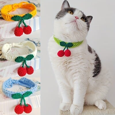 Lemmiklooma kaelarihm Käsitsi valmistatud kootud kirsiga kaunistusega kassi kaelarihm Armas kassi kaelakee kassitarbed ошейник для кошек para gatos accesorios