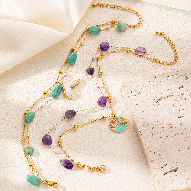 ENSHIR 316L nerūdijančio plieno spalvingas akmuo žuvies uodega apvalus kortelių pakabukas moterims Vasaros paprasti papuošalai didmeninė prekyba