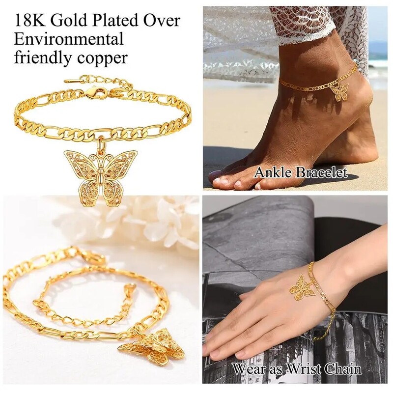 U7 gleznă cu farmec cu fluture pentru femei, lanț Figaro de 4 mm, 8,5 inchi, cu lungime reglabilă de 5 cm, bijuterii de plajă