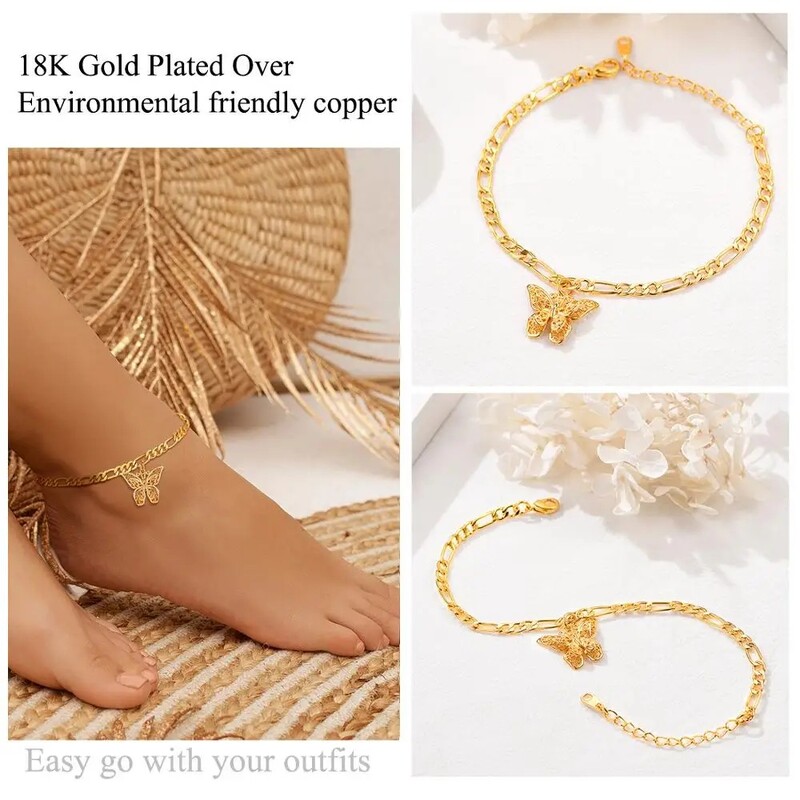 U7 gleznă cu farmec cu fluture pentru femei, lanț Figaro de 4 mm, 8,5 inchi, cu lungime reglabilă de 5 cm, bijuterii de plajă
