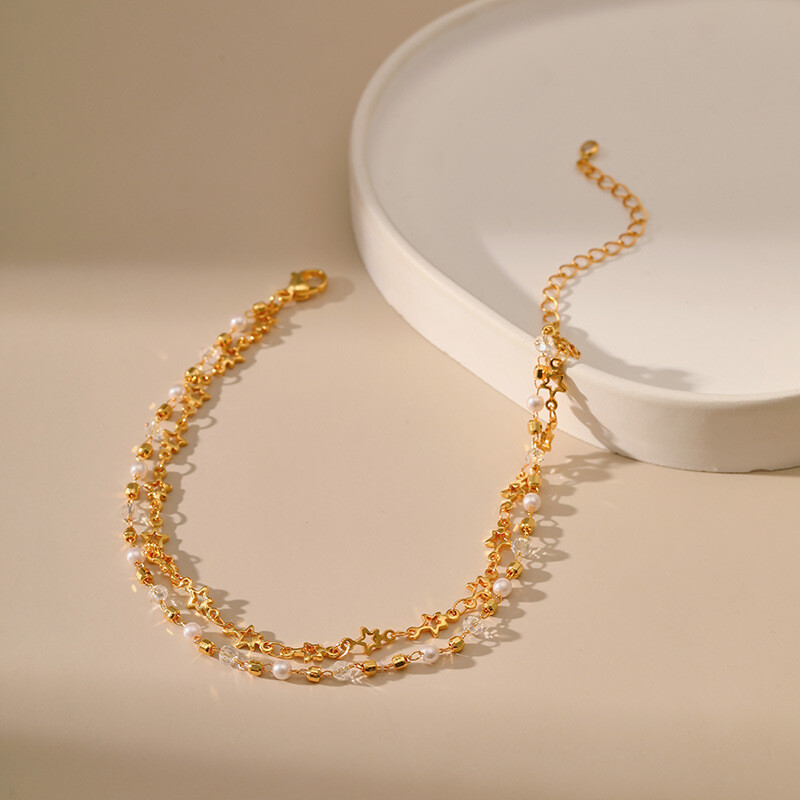 Variu dengtas 18K auksinis korėjietiškas Pentagram grandinės dizaino variantas. Romantiškas ir elegantiškas žavus papuošalas perlų apyrankės moterims