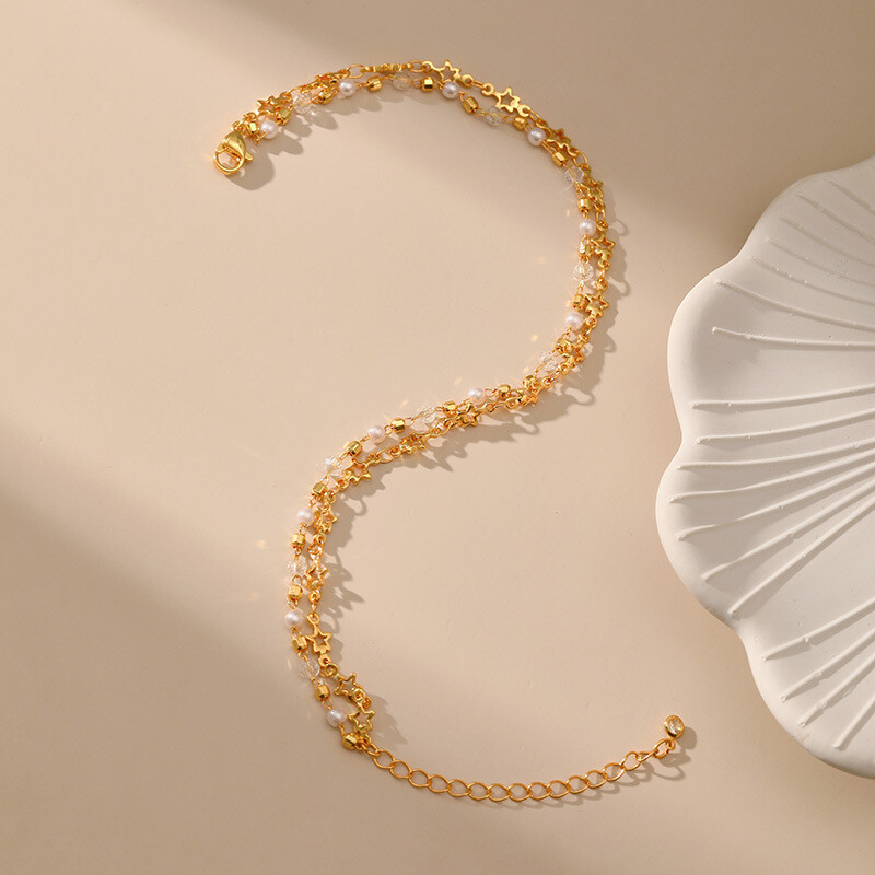 Variu dengtas 18K auksinis korėjietiškas Pentagram grandinės dizaino variantas. Romantiškas ir elegantiškas žavus papuošalas perlų apyrankės moterims