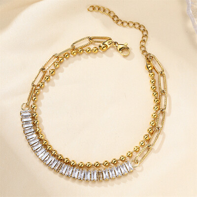 Madinga dvigubo sluoksnio kulkšnies apyrankė moterims Madinga nerūdijančio plieno „Iced Out CZ Stones“ kulkšnies papuošalai vakarėliui, vestuvių papuošalai, mergaičių dovana 2024 m.