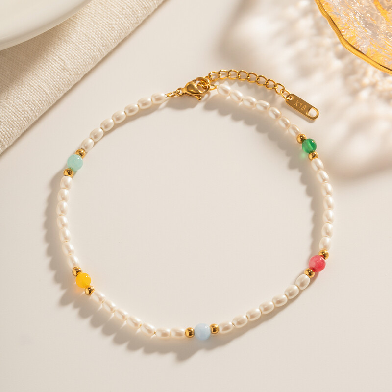 Vasaros perlų karoliukų kulkšnys moterims klasikinis 18K aukso spalvos natūralaus akmens kulkšnis moterims, nerūdijančio plieno, papuošalų dovana