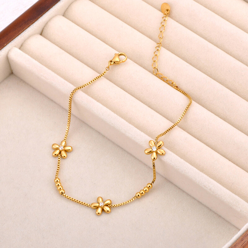 JeeMango nerūdijančio plieno kubinio cirkonio gėlių žiedinė apyrankė moterims 18K paauksuota grandinėlė papuošalai браслет на ногу JA24015