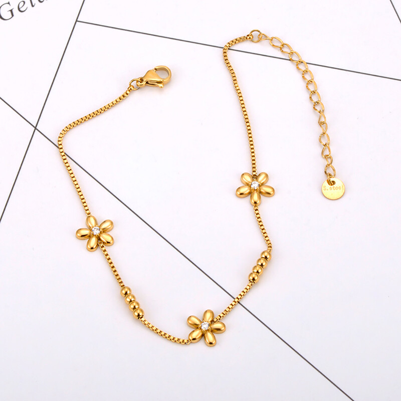 JeeMango nerūdijančio plieno kubinio cirkonio gėlių žiedinė apyrankė moterims 18K paauksuota grandinėlė papuošalai браслет на ногу JA24015