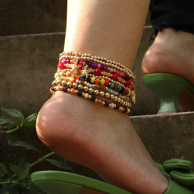 9 vnt Bohemia karoliukais papuoštos kulkšnies apyrankės jūros paplūdimio stiliaus įvairiaspalvės moteriškos paplūdimio vėjo žvaigždės kulkšnies apyrankės