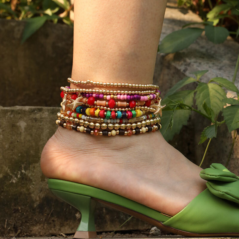 9 vnt Bohemia karoliukais papuoštos kulkšnies apyrankės jūros paplūdimio stiliaus įvairiaspalvės moteriškos paplūdimio vėjo žvaigždės kulkšnies apyrankės