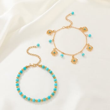 Boho Bohemian Gold Χρώμα Anklet Πράσινο Τιρκουάζ Χάντρες Κάλυμμα ποδιών για γυναίκες Καλοκαιρινό κόσμημα παραλίας