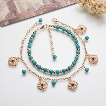 Boho Bohemian Gold Χρώμα Anklet Πράσινο Τιρκουάζ Χάντρες Κάλυμμα ποδιών για γυναίκες Καλοκαιρινό κόσμημα παραλίας