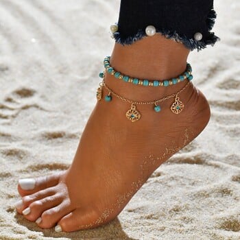 Boho Bohemian Gold Χρώμα Anklet Πράσινο Τιρκουάζ Χάντρες Κάλυμμα ποδιών για γυναίκες Καλοκαιρινό κόσμημα παραλίας