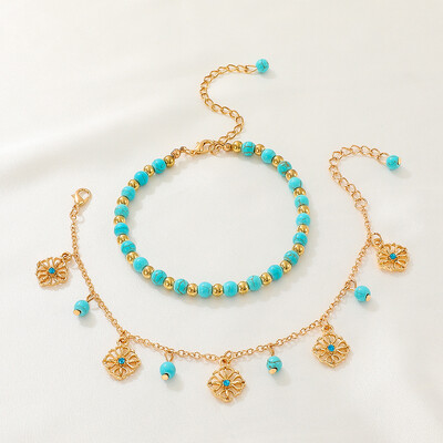 Boho Bohemian Aukso spalvos kojos pakabukas žalias turkis karoliukas kulkšnies pėdų grandinėlė moterims vasaros paplūdimio papuošalai