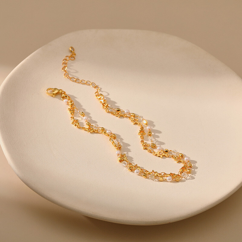 18k paauksuotas penkių smailių žvaigždučių dvigubos grandinėlės moteriškos kulkšnies svajingos permatomos krištolinės karoliukai, papuošalai su baltais karoliukais