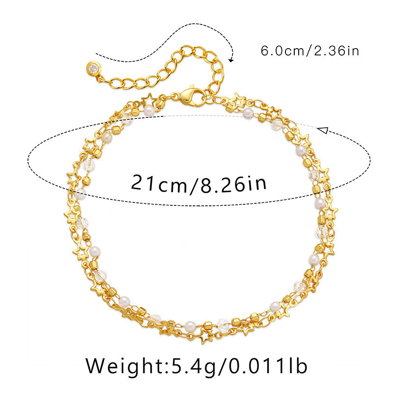 18k paauksuotas penkių smailių žvaigždučių dvigubos grandinėlės moteriškos kulkšnies svajingos permatomos krištolinės karoliukai, papuošalai su baltais karoliukais