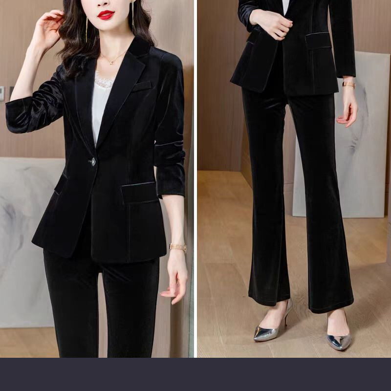 Fekete bársony kabát, nőies arany bársony öltöny, nőies öltöny, gyári közvetlen értékesítés