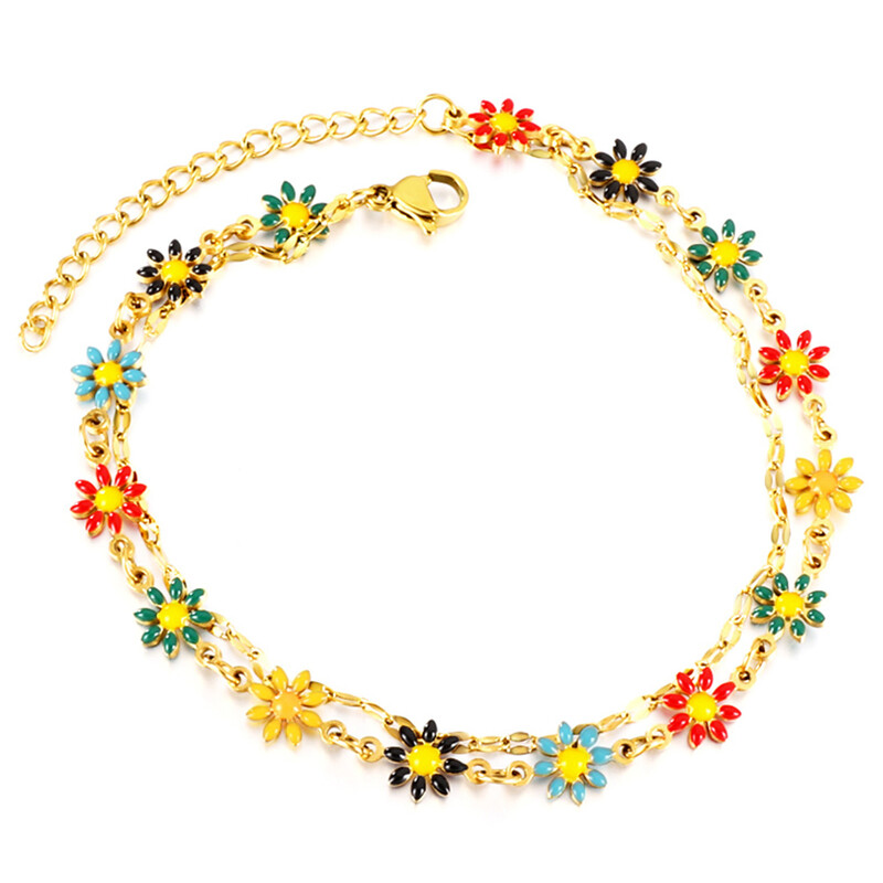 Eleganta krāsaina margrietiņa ziedu potīšu rokassprādzes no nerūsējošā tērauda dubultā ķēdes šarms kāju ķēde sievietēm meitenēm rotaslietas dāvanas