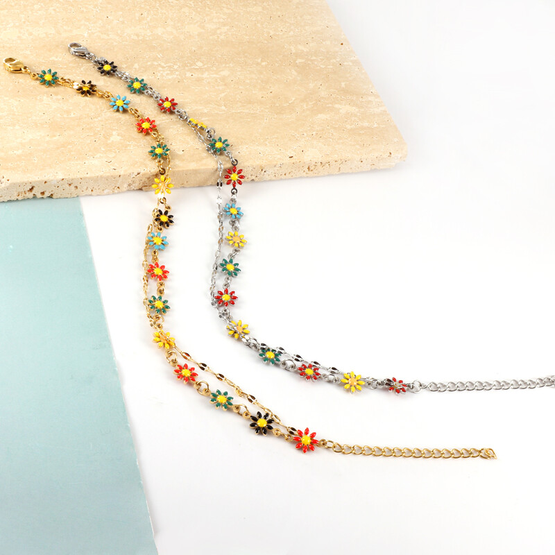 Eleganta krāsaina margrietiņa ziedu potīšu rokassprādzes no nerūsējošā tērauda dubultā ķēdes šarms kāju ķēde sievietēm meitenēm rotaslietas dāvanas