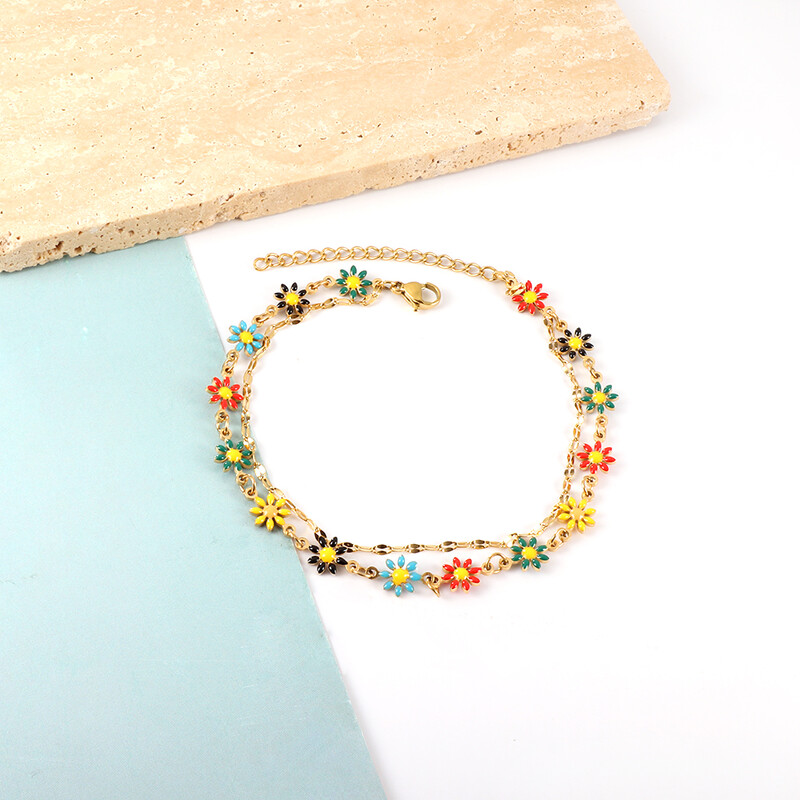 Eleganta krāsaina margrietiņa ziedu potīšu rokassprādzes no nerūsējošā tērauda dubultā ķēdes šarms kāju ķēde sievietēm meitenēm rotaslietas dāvanas