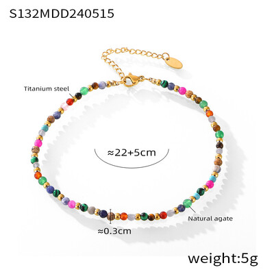 Spalvingi natūralaus akmens karoliukais papuošti kulkšnies papuošalai moteriški mados juodo cirkonio nerūdijančio plieno paauksuota pėdų grandinė, atspari vandeniui