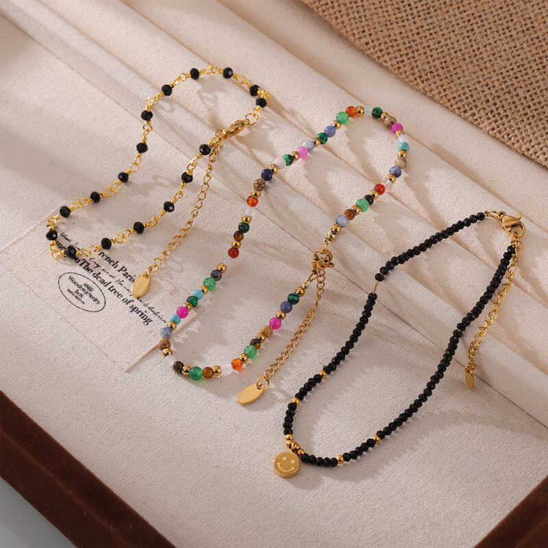 Spalvingi natūralaus akmens karoliukais papuošti kulkšnies papuošalai moteriški mados juodo cirkonio nerūdijančio plieno paauksuota pėdų grandinė, atspari vandeniui