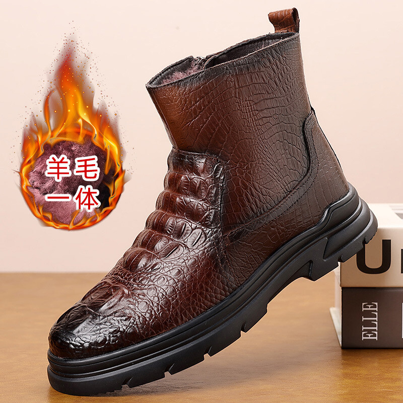 Ziemas vīriešu kokvilnas apavi Ikdienišķas augstas top īstas ādas vīriešu siltas vilnas īsi zābaki sniega zābaki vīriešu samta biezas āra