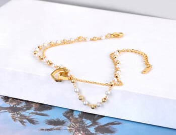 Lokaer Trendy Double Layer White Pearl Chain Glezen за жени от неръждаема стомана Double Heart Foot Jewelry tobilleras mujer A21027