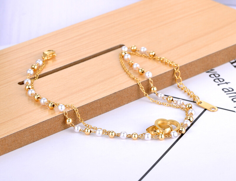 Lokaer madinga dvigubo sluoksnio balta perlų grandinėlė moterims nerūdijančio plieno dvigubos širdies pėdų papuošalai tobilleras mujer A21027