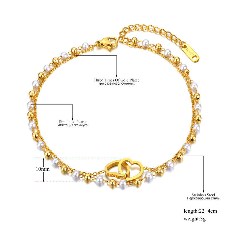 Lokaer madinga dvigubo sluoksnio balta perlų grandinėlė moterims nerūdijančio plieno dvigubos širdies pėdų papuošalai tobilleras mujer A21027