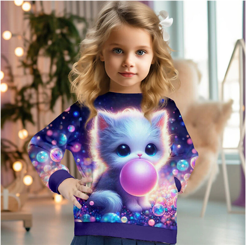 Tarpvalstybinės užsienio prekybos vaikiškas 3D spausdintas animacinis filmas mielas katinas su apvaliu kaklu ilgomis rankovėmis princesės stiliaus rudens ir žiemos megztinis mergaitėms