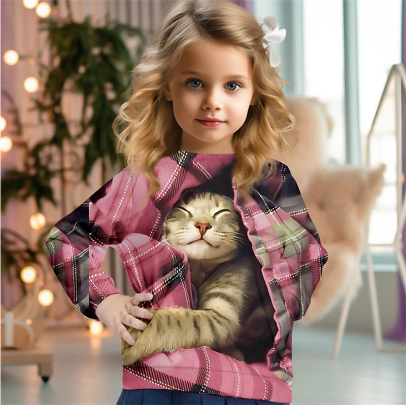 Tarpvalstybinės užsienio prekybos vaikiškas 3D spausdintas animacinis filmas mielas katinas su apvaliu kaklu ilgomis rankovėmis princesės stiliaus rudens ir žiemos megztinis mergaitėms