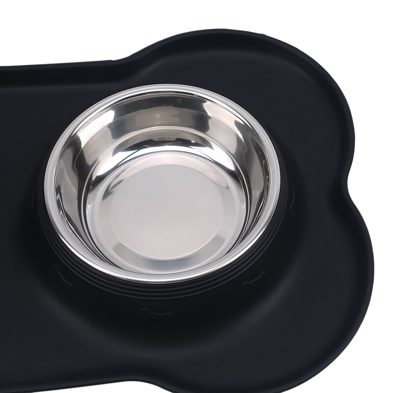 Neslystantis dvigubas dubuo šuniui su silikoniniu kilimėliu Patvarus nerūdijančio plieno vandens lesyklėlė naminių gyvūnėlių šėrimo gertuvės šunims katėms