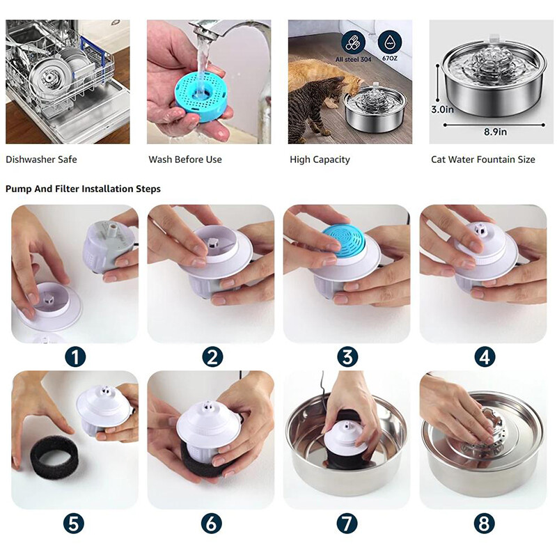 Naujas 2L vandens fontanas šunims 304 nerūdijančio plieno automatinis vandens fontanas Itin tylus siurblio filtras valo naminių gyvūnėlių vandens dozatorių