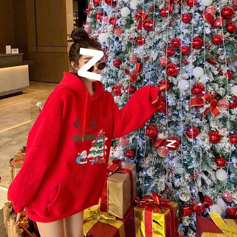 Karácsonyi pulóver piros 80-300 font plusz bársony vastagított kapucnis pulóver női bő felső őszi és téli kabát divat