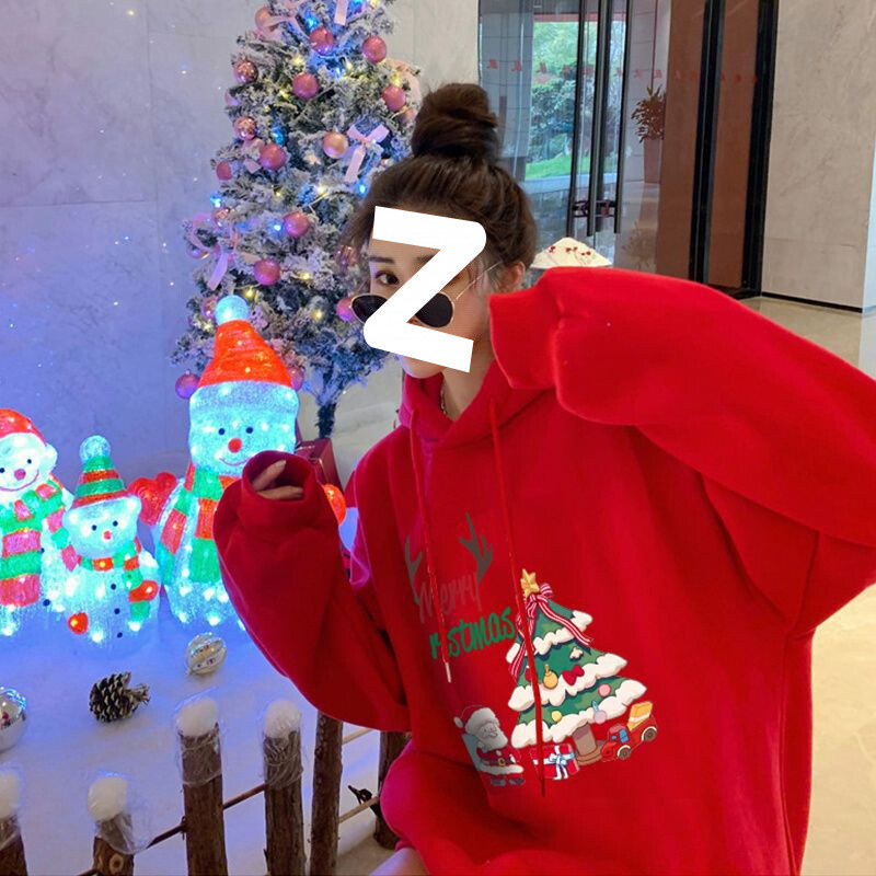 Karácsonyi pulóver piros 80-300 font plusz bársony vastagított kapucnis pulóver női bő felső őszi és téli kabát divat